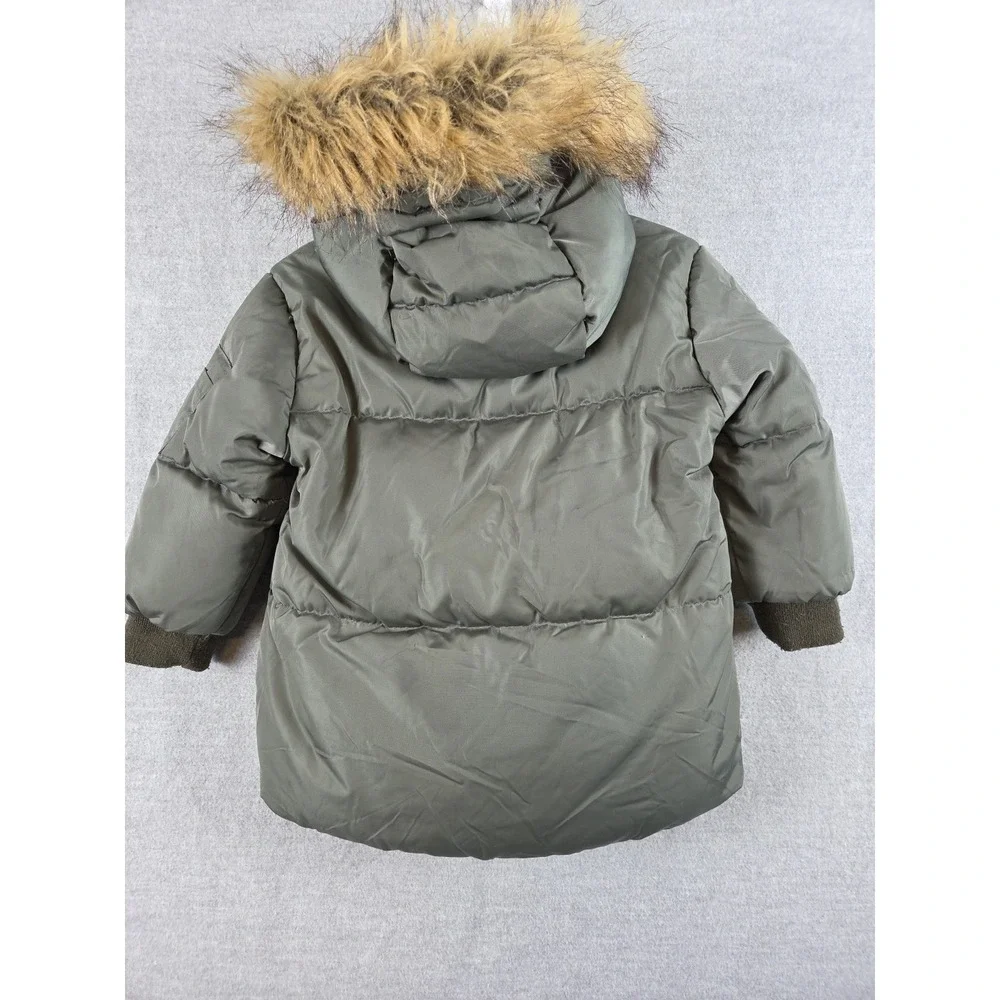 Zara Boys 12-18 Months Down Puffer Coat Jacket Faux‎ Fur Hood Parka Olive Green